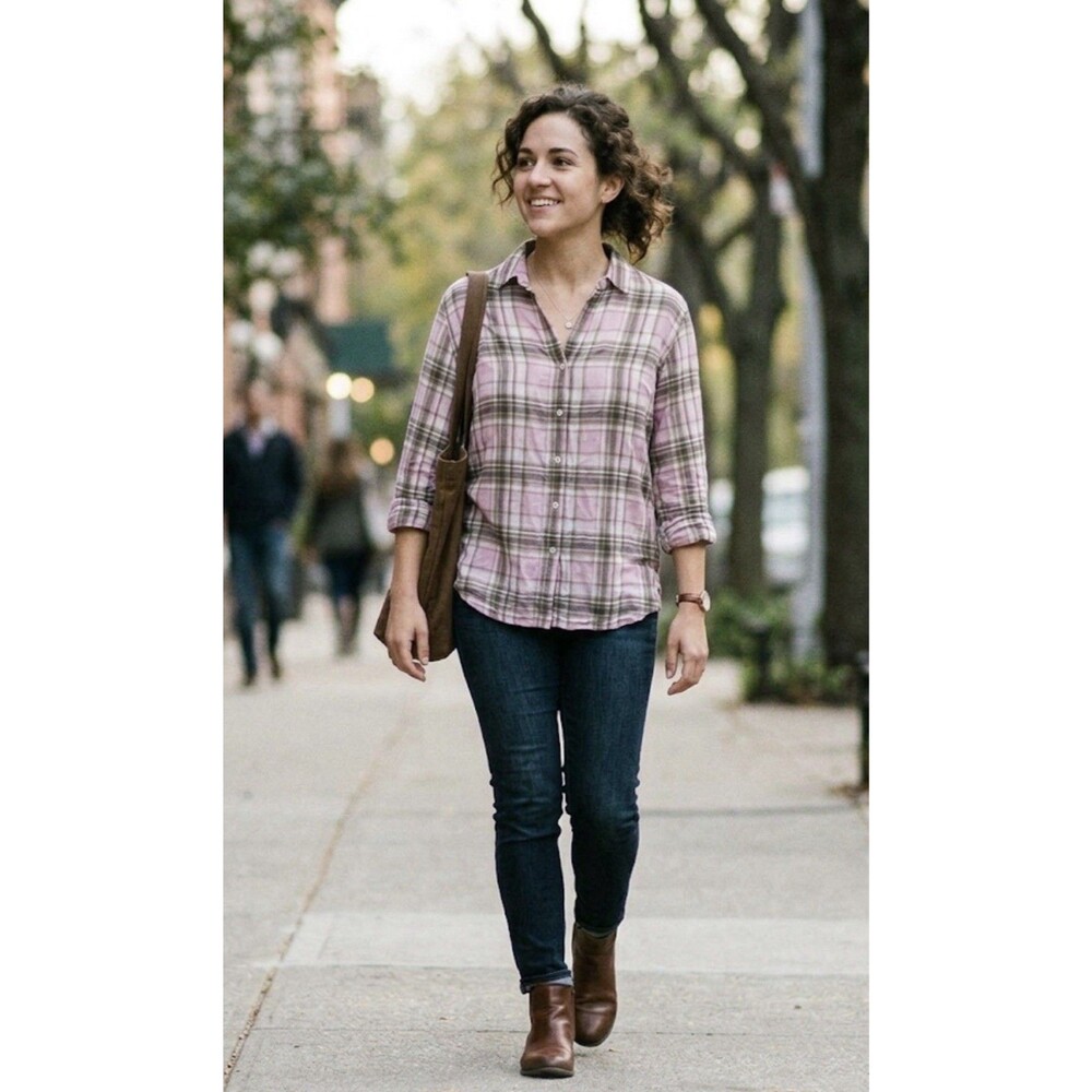 Jones NY 2X Pink Plaid Linen Blouse Button Up Long Sleeve roll up